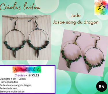 Créoles laiton 4 cm Jade Jaspe sang du dragon feuille acier Les Couleurs de Lo