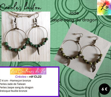 Créoles laiton 4 cm Jade Jaspe sang du dragon feuille acier Les Couleurs de Lo