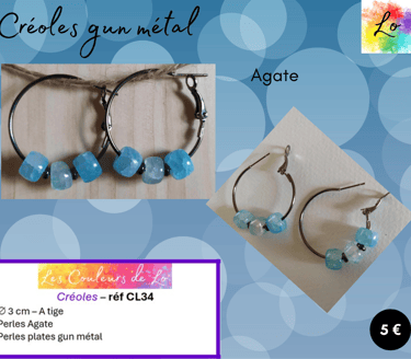 Créoles gun métal 3 cm Agate perles acier Les Couleurs de Lo