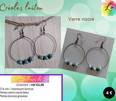 Créoles laiton 4 cm verre nacré bleu perles métal gravé Les Couleurs de Lo