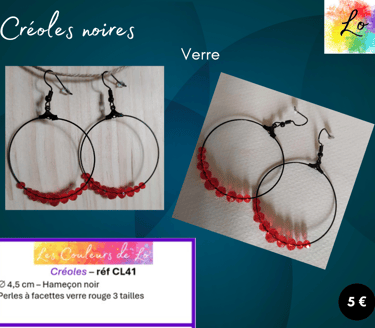 Créoles noires 4,5 cm verre à facettes rouge Les Couleurs de Lo