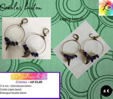 Créoles laiton 4 cm Lapis lazuli feuille acier Les Couleurs de Lo