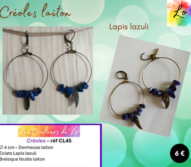 Créoles laiton 4 cm Lapis lazuli feuille métal Les Couleurs de Lo