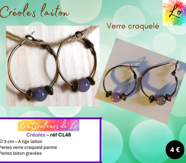 Créoles laiton 3 cm verre craquelé parme perles métal gravé Les Couleurs de Lo
