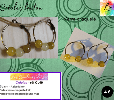 Créoles laiton 3 cm verre craquelé jaune-kaki Les Couleurs de Lo
