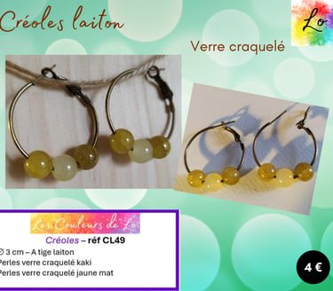 Créoles laiton 3 cm verre craquelé jaune-kaki Les Couleurs de Lo