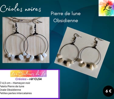Créoles noires 4,5 cm Pierre de lune Obsidienne Les Couleurs de Lo