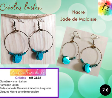 Créoles laiton 4 cm disques Nacre turquoise Jade de Malaisie turquoise Les Couleurs de Lo