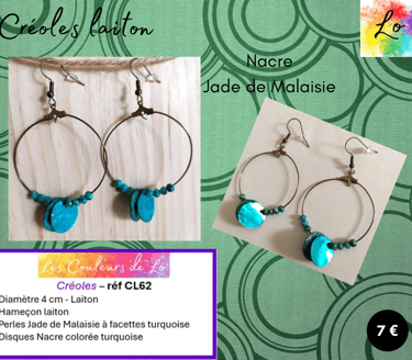 Créoles laiton 4 cm disques Nacre turquoise Jade de Malaisie turquoise Les Couleurs de Lo