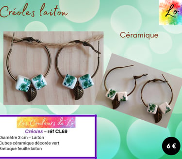 Créoles laiton 3 cm céramique décorée feuille acier Les Couleurs de Lo
