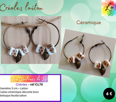 Créoles laiton 3 cm céramique décorée feuille acier Les Couleurs de Lo