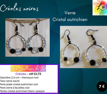 Créoles noires 2,5 cm cristal autrichien blanc verre noir Les Couleurs de Lo