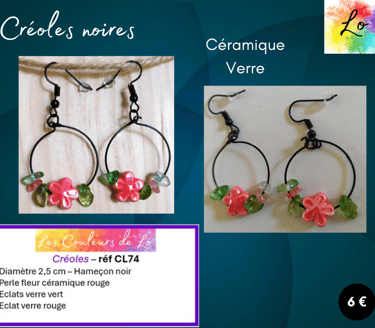 Créoles noires 2,5 cm fleur céramique rouge é verre multicolore Les Couleurs de Lo