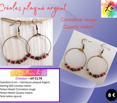 Créoles laiton 4 cm Plaqué argent Cornaline rouge Quartz melon Les Couleurs de Lo