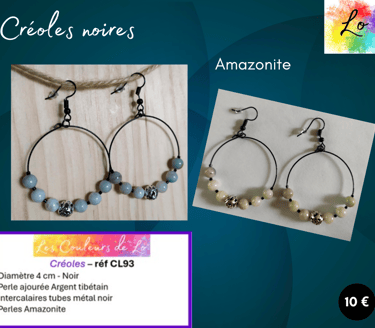 Créoles noires 4 cm Amazonite perle ajourée Argent tibétain Les Couleurs de Lo
