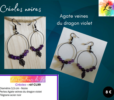 Créoles noires 3,5 cm Agate veines du dragon violet filigrane acier noir Les Couleurs de Lo