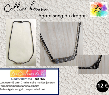 Collier noir Agate sang du dragon noir Les Couleurs de Lo