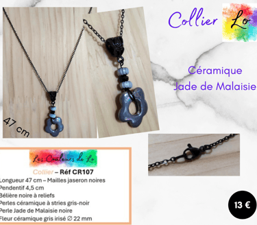 Collier noir pendentif céramique gris Jade de Malaisie noir fleur céramique grise Les Couleurs de Lo
