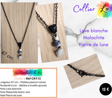 Collier noir pendentif Lave blanche Malachite Pierre de lune Les Couleurs de Lo