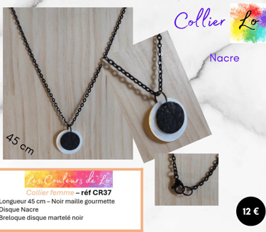 Collier noir disque Nacre disque métal martelé Les Couleurs de Lo