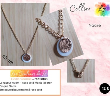 Collier rose gold disque Nacre disque métal martelé Les Couleurs de Lo