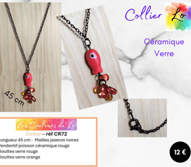Collier noir poisson céramique rouge verre rouge Les Couleurs de Lo