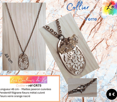 Collier cuivré fleurs filigrane métal fleurs verre orange nacré Les Couleurs de Lo