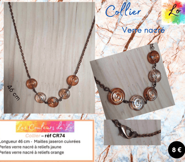 Collier cuivré verre à reliefs orange jaune Les Couleurs de Lo