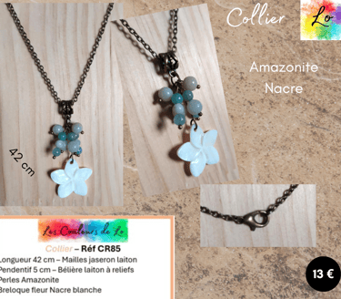 Collier laiton pendentif Amazonite breloque fleur Nacre Les Couleurs de Lo
