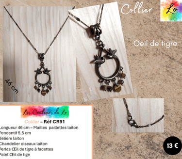 Collier laiton pendentif chandelier oiseaux Œil de tigre Les Couleurs de Lo