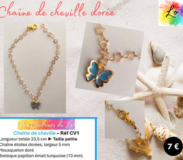 Chaîne de cheville dorée mailles étoile papillon émail bleu Les Couleurs de Lo