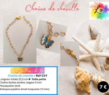 Chaîne de cheville dorée mailles étoile papillon émail bleu Les Couleurs de Lo