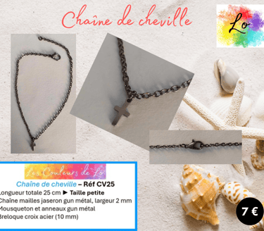 Chaîne de cheville gun métal croix acier Les Couleurs de Lo