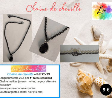Chaîne de cheville noire goutte cristal noir Les Couleurs de Lo