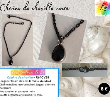 Chaîne de cheville noire goutte cristal noir Les Couleurs de Lo