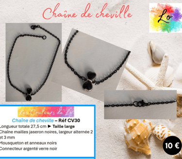 Chaîne de cheville noire nœud verre noir Les Couleurs de Lo