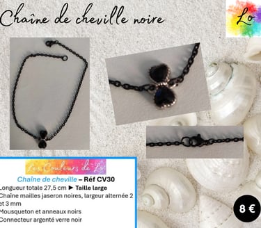 Chaîne de cheville noire nœud verre noir Les Couleurs de Lo