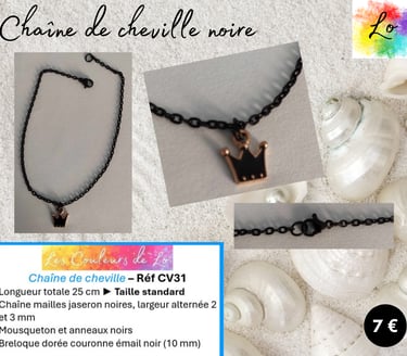 Chaîne de cheville noire couronne émail noir Les Couleurs de Lo