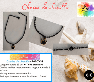 Chaîne de cheville noire couronne émail noir Les Couleurs de Lo