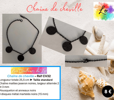 Chaîne de cheville noire disques métal martelé Les Couleurs de Lo
