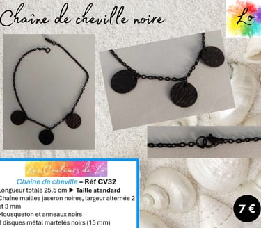 Chaîne de cheville noire disques métal martelé Les Couleurs de Lo