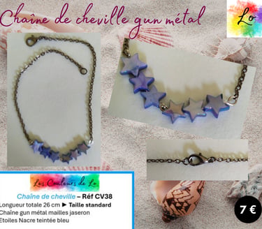 Chaîne de cheville gun métal étoiles Nacre bleue Les Couleurs de Lo