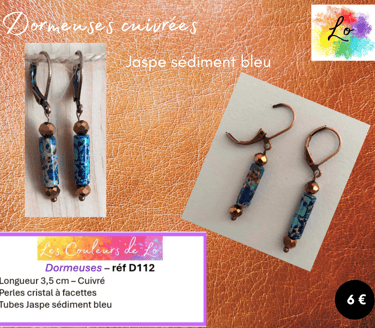 Boucles dormeuses cuivrées Jaspe sédiment bleu perles acier Les Couleurs de Lo