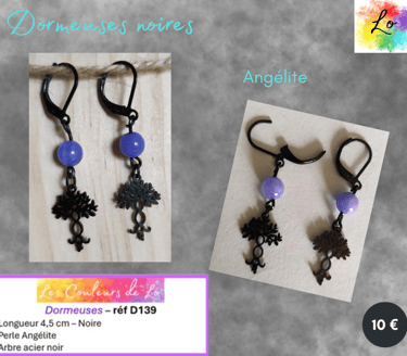 Boucles dormeuses noires Angélite arbre acier noir Les Couleurs de Lo