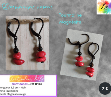 Boucles dormeuses noires Magnésite rouge Tourmaline Les Couleurs de Lo