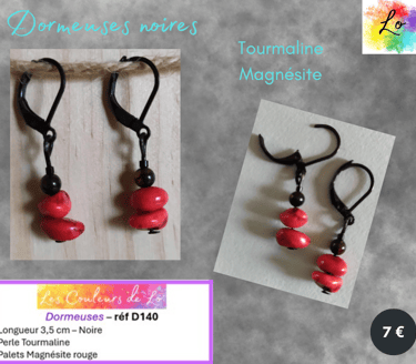 Boucles dormeuses noires Magnésite rouge Tourmaline Les Couleurs de Lo