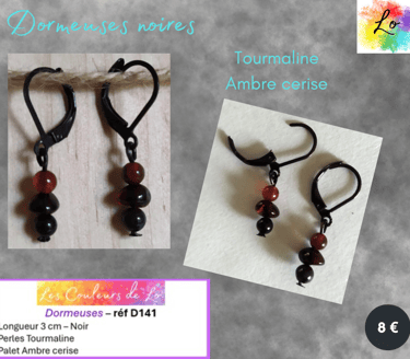 Boucles dormeuses noires Ambre cerise Tourmaline Les Couleurs de Lo