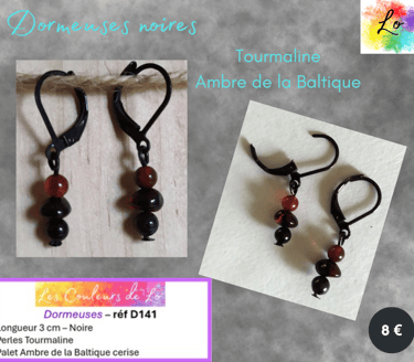 Boucles dormeuses noires Ambre cerise Tourmaline Les Couleurs de Lo