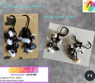 Boucles dormeuses noires Jaspe black zébra Les Couleurs de Lo