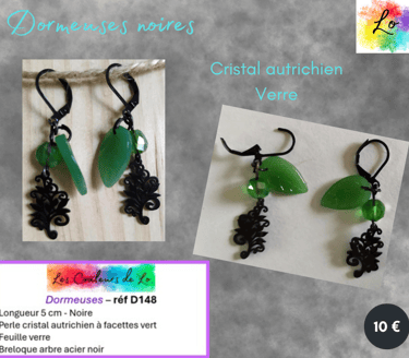 Dormeuses noires cristal autrichien vert feuille verre arbre acier noir Les Couleurs de Lo